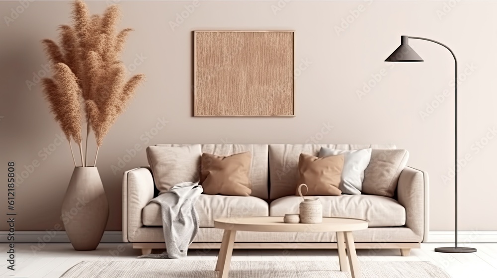 Living room interior with sofa, beige pillow, dried Pampas grass on caned table, and Japandi decor on empty wall background. Horizontal poster mockup with wooden frame. Generative AI Living room interior with sofa, beige pillow, dried Pampas grass on caned table, and Japandi decor on empty wall background. Horizontal poster mockup with wooden frame. Generative AI