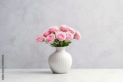 white vase holding pink roses against a white background Generative AI