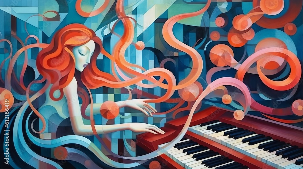 Fototapeta premium Read haired woman playing piano. Cubism style. Made with Generative AI.
