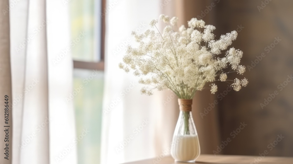 Beautiful Gypsophila dry flowers in a tall vase are displayed on a wood table in the morning in the living room with a white curtain background texture. Generative AI Beautiful Gypsophila dry flowers in a tall vase are displayed on a wood table in the morning in the living room with a white curtain background texture. Generative AI