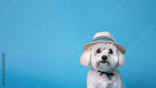 Maltipoo dog on blue background (Generative AI)