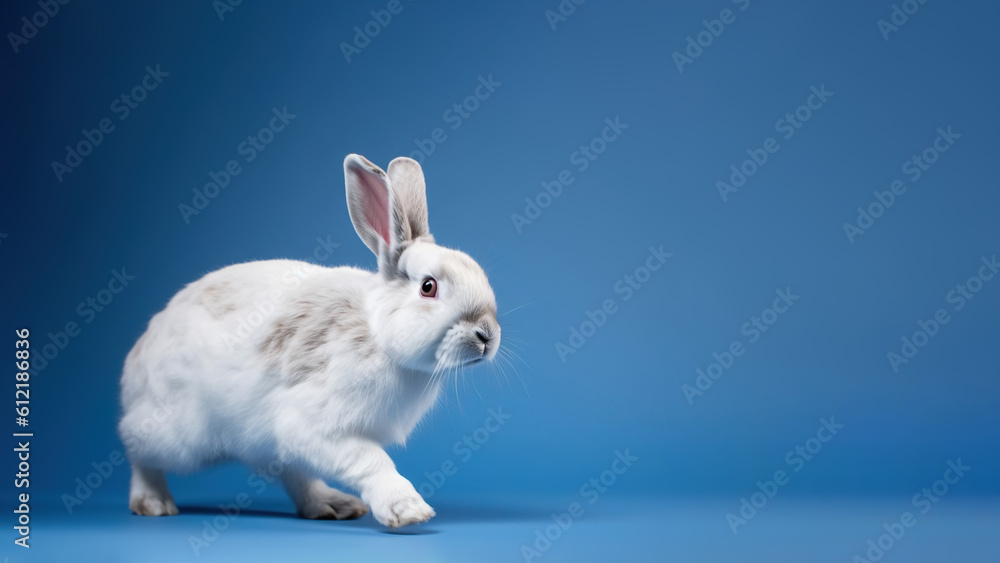 Polish rabbit on blue background (Generative AI) Polish rabbit on blue background (Generative AI)