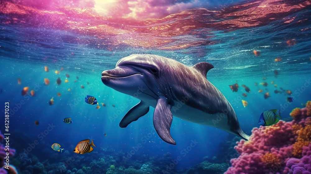 dolphin in the ocean with beautiful sunset sky Generative AI
