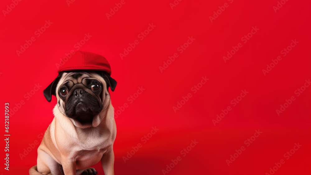 Pug dog on red background with copy space (Generative AI) Pug dog on red background with copy space (Generative AI)