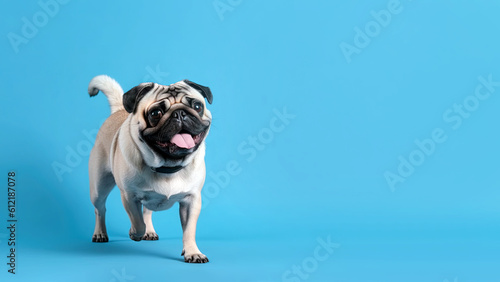 Pug dog on blue background with copy space (Generative AI) © Warm Right