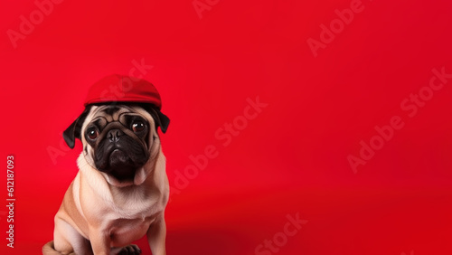 Pug dog on red background with copy space  Generative AI 