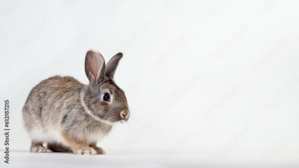 Fototapeta premium Pygmy rabbit on white background with copy space (Generative AI)