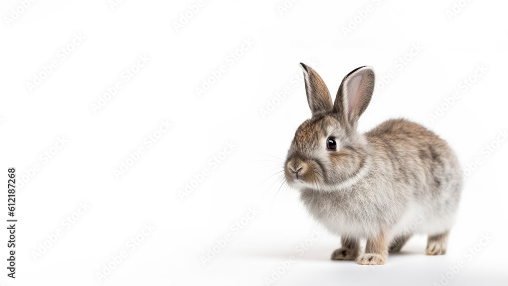 Fototapeta premium Pygmy rabbit on white background with copy space (Generative AI)