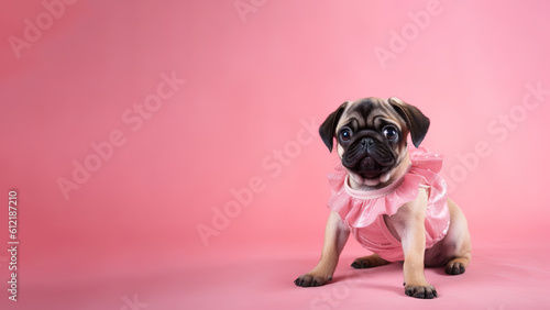 Pug dog on pink background with copy space (Generative AI) © Warm Right