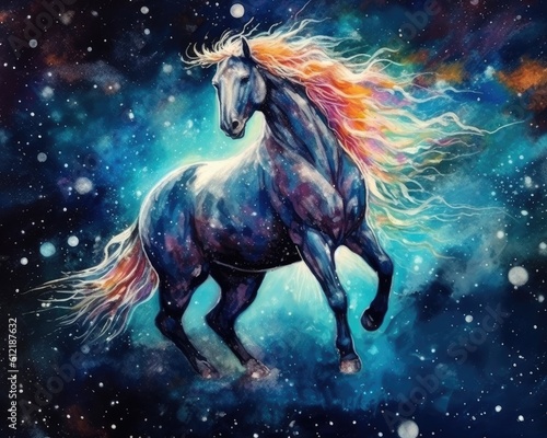 art horse in space . dreamlike background with horse . Hand Drawn Style illustration 