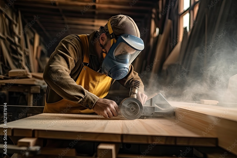 Carpenter working in his carpentry workshop. Confident young male carpenter in protective mask and working with wood in his workshop Carpenter working in his carpentry workshop. Confident young male carpenter in protective mask and working with wood in his workshop