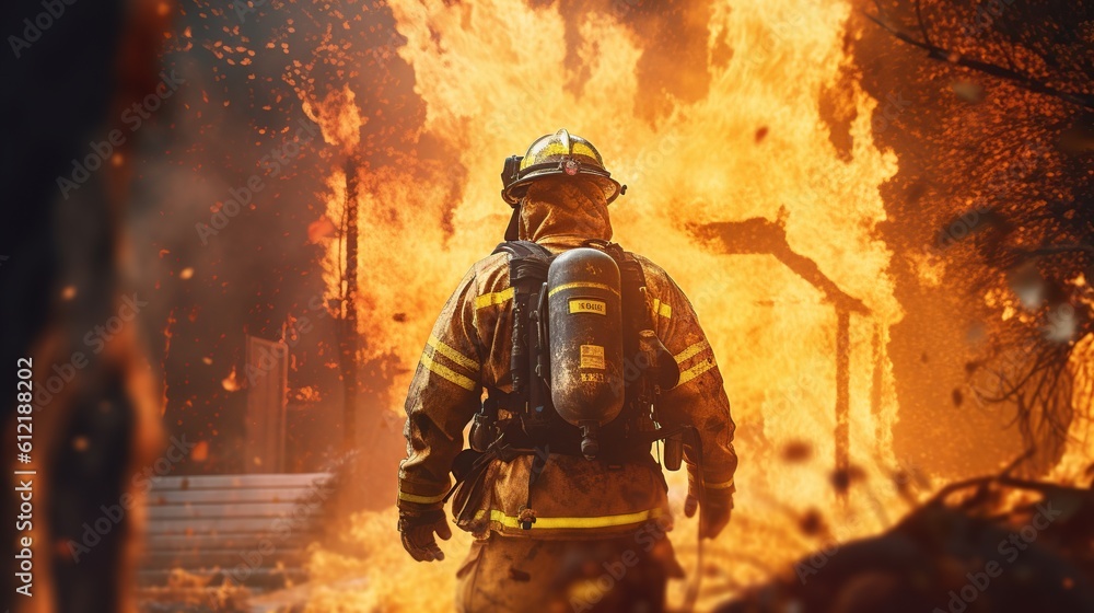 back view dramatic firefighters in the flames back view dramatic firefighters in the flames