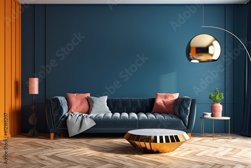 luxurious and contemporary living room decor Blue navy sofa, a gold table, and a gold lamp on a light-colored wall and wood floor make up the living coral d�cor concept Fototapet