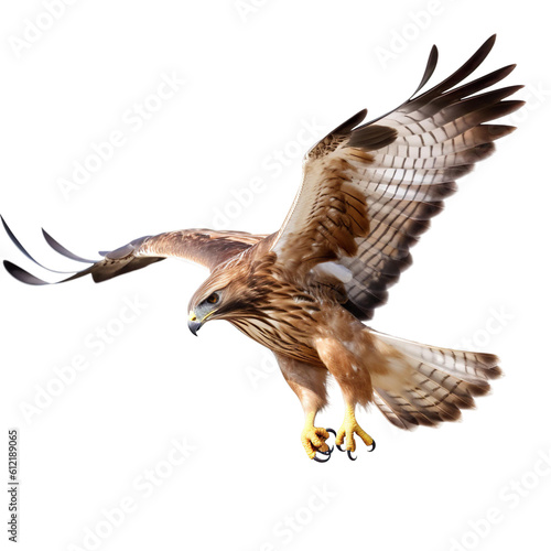 Hawk bird Flying in the air with open wingspan isolated on white background, Generative Ai