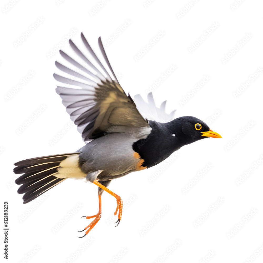 Myna bird Flying in the air with open wingspan isolated on white background, Generative Ai Myna bird Flying in the air with open wingspan isolated on white background, Generative Ai