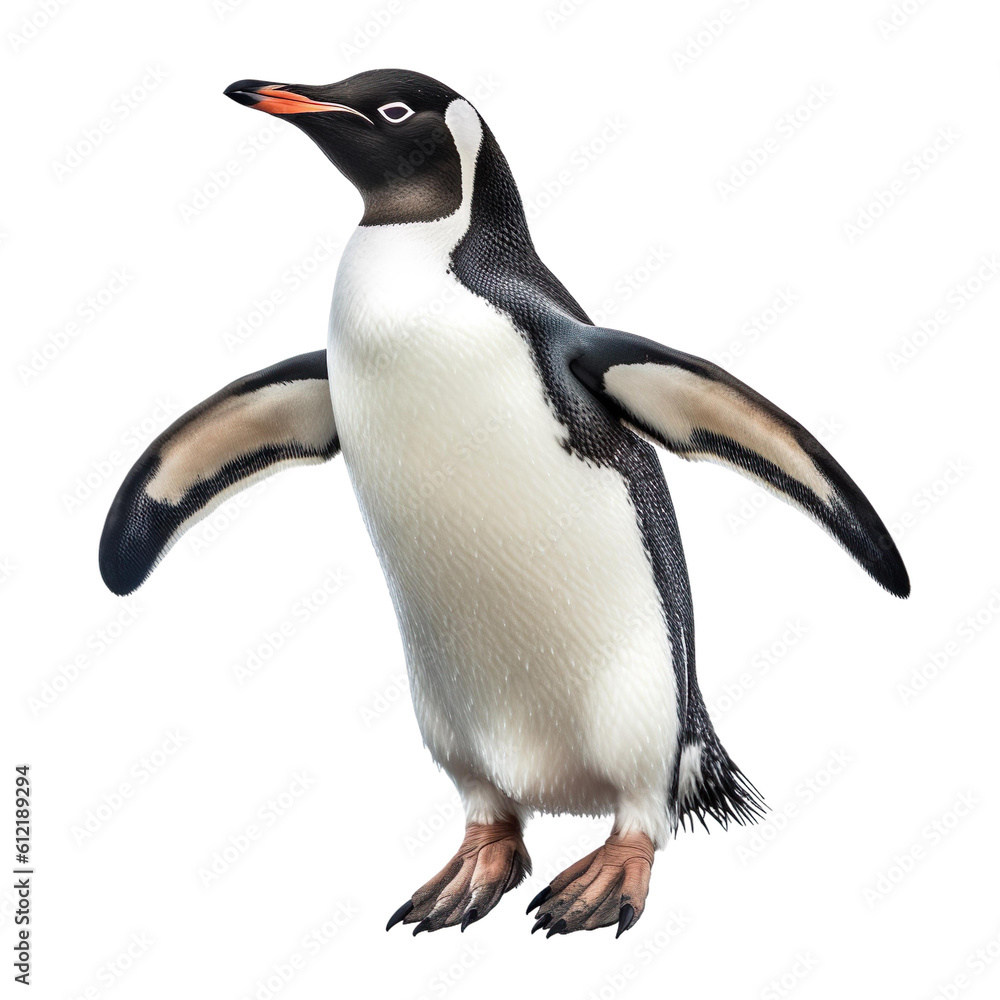 Penguin bird Flying in the air with open wingspan isolated on white background, Generative Ai Penguin bird Flying in the air with open wingspan isolated on white background, Generative Ai