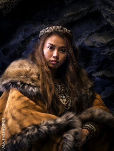 Beautiful Prehistoric Cave Woman in Furs, Ice Age Person Photorealistic Illustration [Generative AI]
