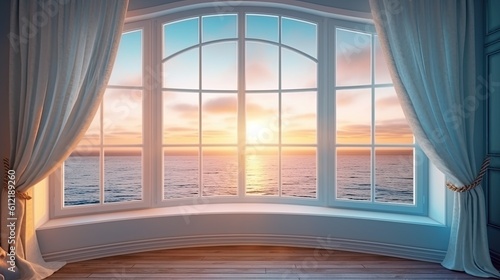 sill for a large white window. Beautiful view of the sea at sunset from the window. Generative AI