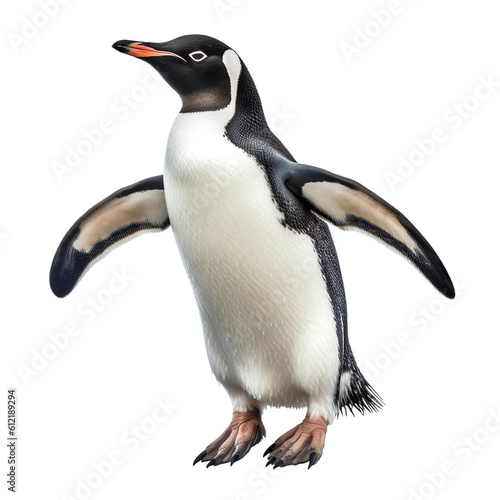 Penguin bird Flying in the air with open wingspan isolated on white background, Generative Ai