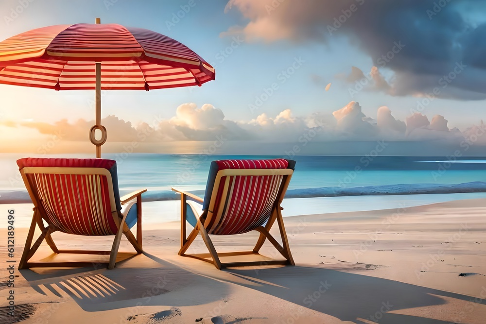 chairs and umbrella on the beach using created using AI Generative Technology