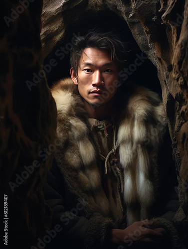 Prehistoric Asian Man in Cave, Ice Age Ancient Person Photorealistic Illustration [Generative AI]