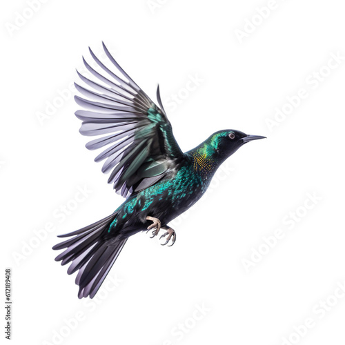 Starling bird Flying in the air with open wingspan isolated on white background, Generative Ai
