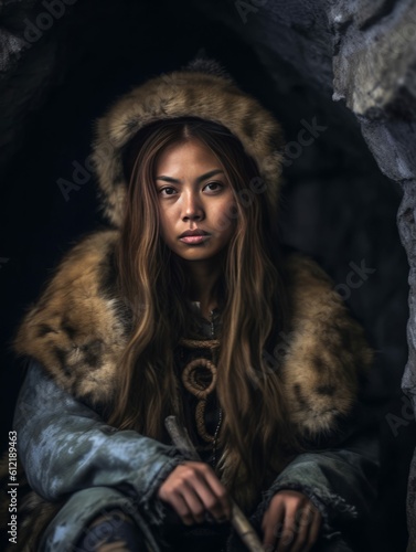 Ancient Cavewoman in Furs, Cave Person Photorealistic Illustration [Generative AI] © Visionarily