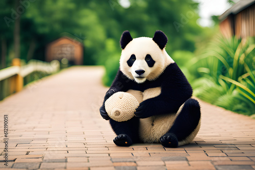 giant panda playing with ball using created using AI Generative Technology