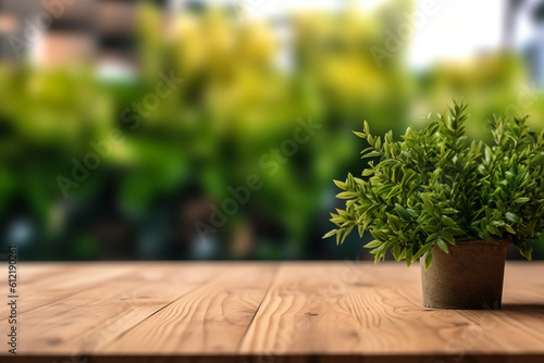 Promote with simplicity: Let the simplicity of the empty wooden table top and blurred plants draw attention to your product, allowing it to take center stage. Generative AI