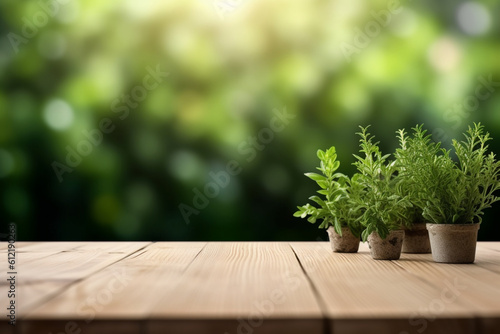 Promote with simplicity  Let the simplicity of the empty wooden table top and blurred plants draw attention to your product  allowing it to take center stage. Generative AI