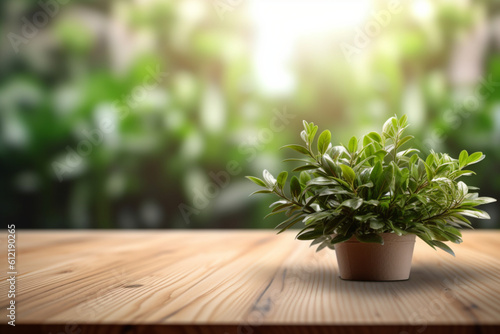 Promote with simplicity  Let the simplicity of the empty wooden table top and blurred plants draw attention to your product  allowing it to take center stage. Generative AI