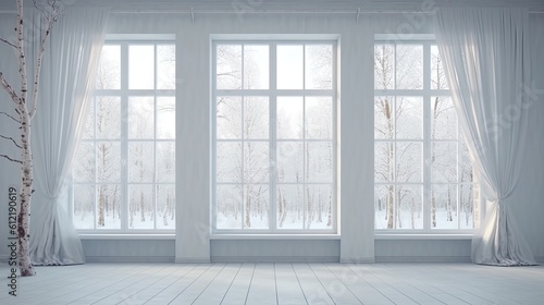 Window view of a wintery scene in a white  empty room. Scandinavian style in decorating. Generative AI