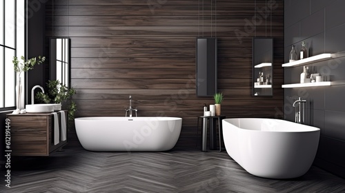 A contemporary bathroom area with a gray wooden tiled wall  a dark wooden floor  a white bathtub  a double sink  and wall niches. Swedish design. a mockup Generative AI