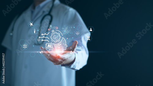 Medical technology, doctor use AI robots for diagnosis, care, and increasing accuracy patient treatment in future. Medical research and development innovation technology to improve patient health. photo