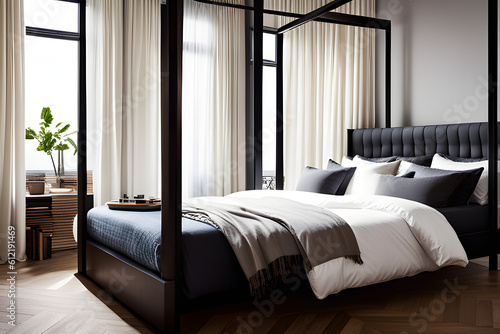 Fototapeta bedroom with bed using created using AI Generative Technology