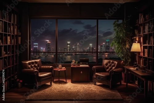 With two armchairs and office supplies in a drawer, the interior of the living room is dark. The floor is brown hardwood. a panoramic window with a view of Singapore. Model of a blank Generative AI © 2rogan