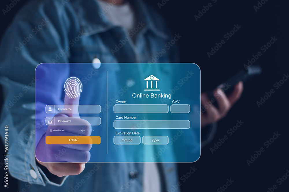 Image showcasing Cybersecurity online banking and payment concept. man fingerprint ...