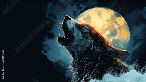 Generative AI, A majestic wolf howling at the moon against a night sky