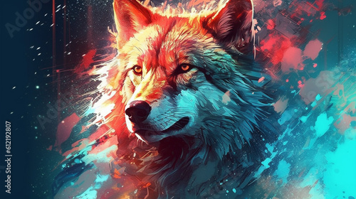 Generative AI, A dreamy, surreal wolf portrait with vibrant