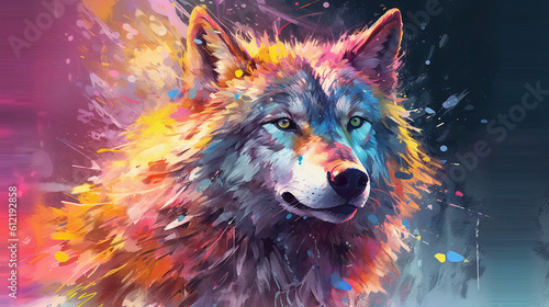 Generative AI, A dreamy, surreal wolf portrait with vibrant © icehawk33