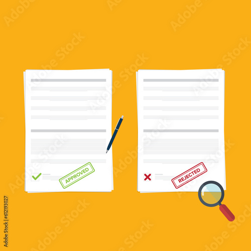 Approved and rejected documents with magnifier, pen and stamp. Flat design elements. Approved or rejected application concepts. Vector illustration in flat style isolated on color background.