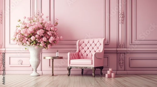 With a chair, coffee table, flowers, and wall moldings, this pink decor is classic. mockup for an illustration Generative AI © 2rogan