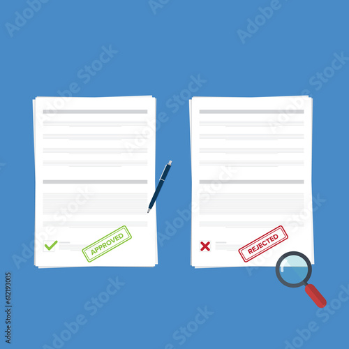 Approved and rejected documents with magnifier, pen and stamp. Flat design elements. Approved or rejected application concepts. Vector illustration in flat style isolated on color background.