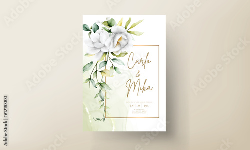 beautiful watercolor wedding invitation with  greenery leaves and white flower