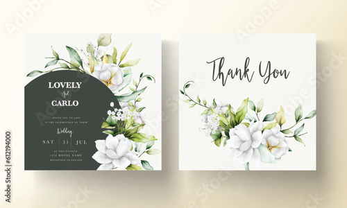 beautiful watercolor wedding invitation with  greenery leaves and white flower