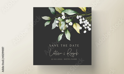 beautiful watercolor wedding invitation with  greenery leaves and white flower