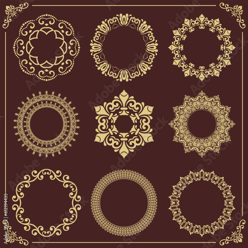 Vintage set of vector round elements. Brown and golden elements for design frames, cards, menus, backgrounds and monograms. Classic patterns. Set of vintage patterns