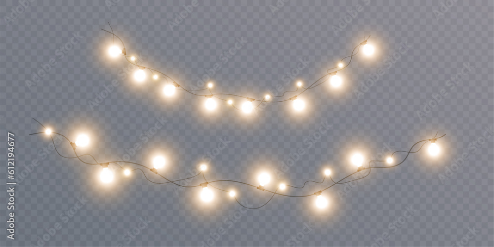 Christmas lights isolated on transparent background. Set of Christmas glowing garlands. For advertising invitations, web banners, postcards. Vector