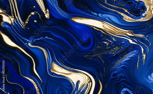 Elegant Art Wallpaper. Paint Swirls in Beautiful Navy Blue colors, with Gold Glitter. Generative AI.