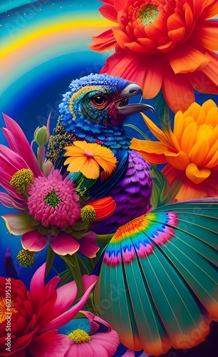 A beautiful parrot surrounded by mesmerizing flowers